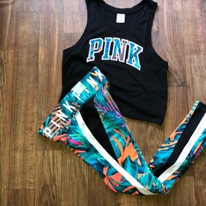 PINK Victoria's Secret Tropical Leggings and Black Tank Set
